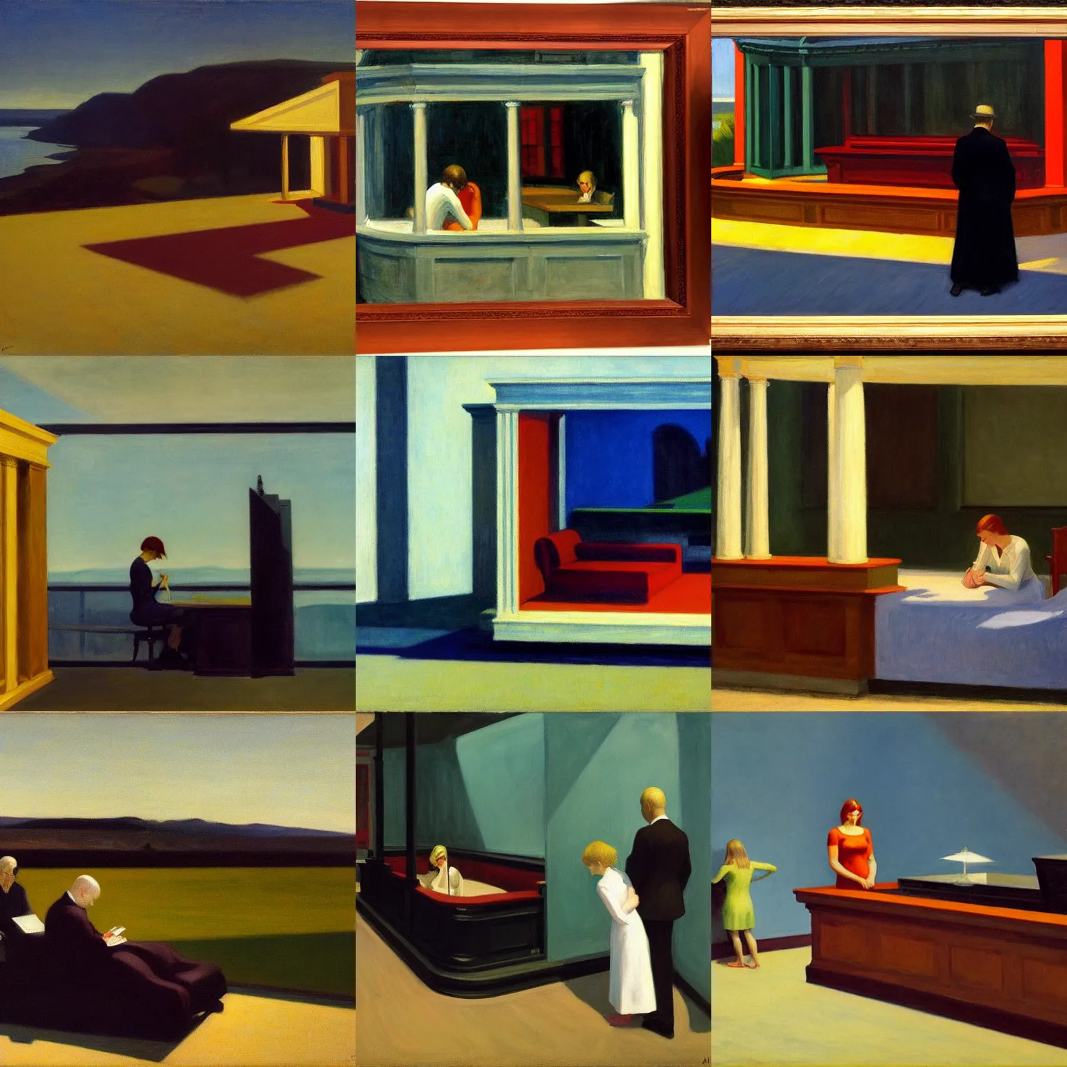 Prompt: today I am thinking about death, by Edward Hopper and Ees Anderson, oil on Canvas.