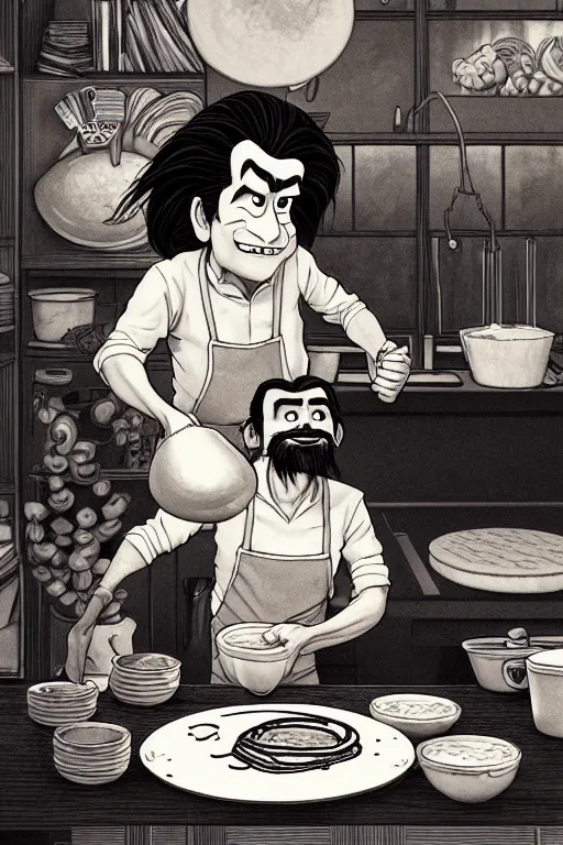 Image similar to 1 9 8 5 nick cave making pancakes, animation pixar style, by pendleton ward, magali villeneuve, artgerm, rob rey and kentaro miura style, golden ratio, trending on art station