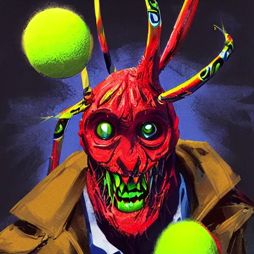 Image similar to a monster made out of tennis balls, tennis racket, colorful, digital art, fantasy, magic, trending on artstation, ultra detailed, professional illustration by Basil Gogos