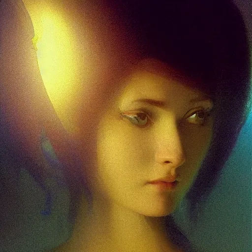 Prompt: a young woman's face, her hair is gold and she wears an cobalt blue satin cloak, by ivan aivazovsky and syd mead and moebius and gaston bussiere and roger dean and pieter claesz and paul delaroche and alma tadema and aelbert cuyp and jan eyck, hyperrealistic, volumetric light, octane render