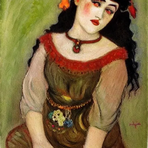 Image similar to gypsy girl, dark hair, jugendstil