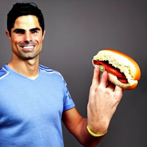 Image similar to a promo portrait of mikel arteta holding a delicious hot dog with mustard and ketchup up to the camera, happy, hyper detailed, fisheye lense, reuters