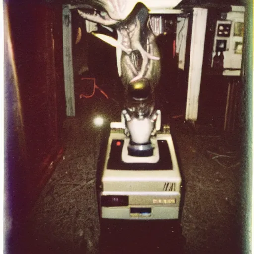 Prompt: Alien caught on camera basement polaroid photo 90s out of focus