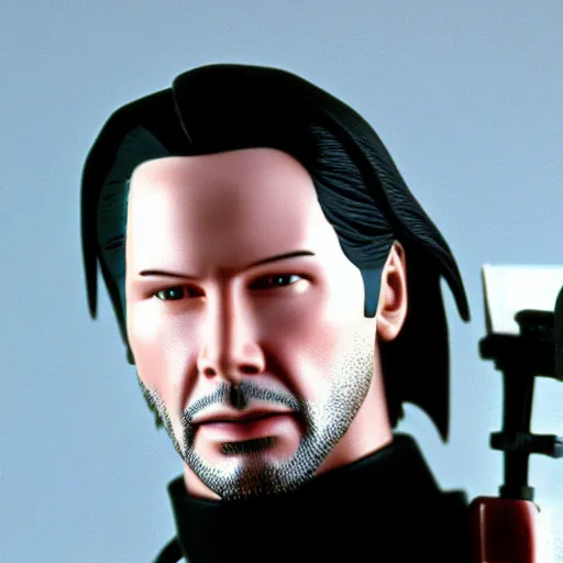 Image similar to beautiful hyperrealism three point perspective film still of Keanu Reeves as neo with machine gun in a motorcycle chase scene in Matrix(1990) extreme closeup portrait in style of 1990s frontiers in translucent porclein miniature street photography seinen manga fashion edition, miniature porcelain model, focus on face, eye contact, tilt shift style scene background, soft lighting, Kodak Portra 400, cinematic style, telephoto by Emmanuel Lubezki