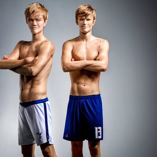 Image similar to a realistic detailed photo of a guy who is an attractive humanoid who is half robot and half humanoid, who is a male android, soccer player martin ødegaard, shiny skin, posing like a statue, blank stare, in a living room, on display, showing off his muscles, with a twin