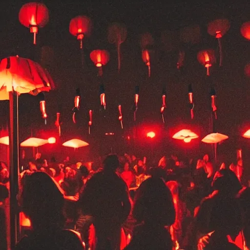 Image similar to a tiny dark black night club with a few red chinese lanterns, people's silhouettes close up, people dancing, surrealism