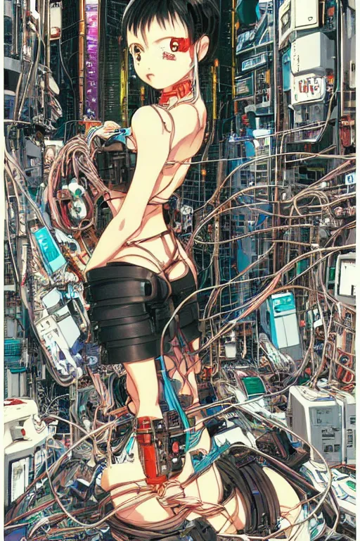 Image similar to awe inspiring cyberpunk anime style illustration of an android girl seated on the floor in a tech labor, seen from behind with her back open showing a complex mess of cables and wires, by masamune shirow and katsuhiro otomo, studio ghibli color scheme, japan, 1980s, dark, complex