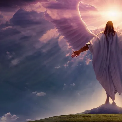 Prompt: gigantic biblical depiction of an angel towering over a vast landscape, cinematic, realistic, geometric body, photorealistic, detailed, white body, global illumination, volumetric lighting, 8 k, god rays, beautiful, majestic clouds