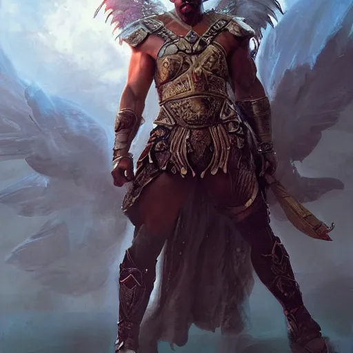 Image similar to will smith fights against demons dressed as a gladiator and with angel wings, cinematic lighting, highly detailed, concept art, art by wlop and artgerm and greg rutkowski, masterpiece, trending on artstation, 8 k