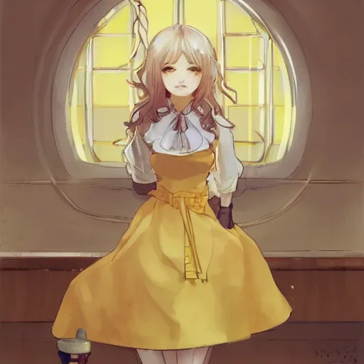 Image similar to A girl in a maid's outfit in a cafe a afternoon, wavy hair yellow theme,S line,45 angel by krenz cushart and mucha and akihito yoshida and greg rutkowski ,nier:automata inspired-H764