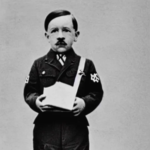 Image similar to adolf hitler as a little child in a school uniform carrying books, mustache, white background