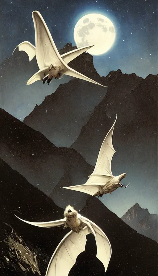 Image similar to a white bat, flying against a black night sky, mountain in the background, moonlight, denoised, very detailed, painted by james gurney, norman rockwell, tom bagshaw