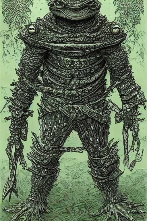 Prompt: humanoid frog warrior, wearing armour, swamp, symmetrical, highly detailed, digital art, sharp focus, trending on art station, kentaro miura manga art style