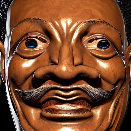 Image similar to a closeup photorealistic photograph of smiling salvador dali at trader vic's bar sitting next to a trader vic's style tiki mug featuring the face of salvador dali. tiki culture. bright scene. 4 k hd image that's trending on artstation, featured on behance, well rendered, extra crisp, features epic composition and the style of unreal engine.