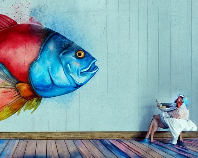 Image similar to an innocent and beautiful scene in hyper realistic style, watercolor and pen oily drawing on wood, of a fat old lady painting a huge colorful fish on the wall, lighting from the barred window. shadows. 4 k. wide angle. wild mood. red mouth, blue eyes. deep focus, lovely scene. ambient occlusion render. unreal engine.