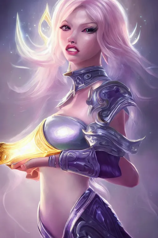 Image similar to portrait of lux from league of legends, wielding light magic, photorealistic fantasy castle city, full body, powerful, fantasy, intricate, elegant, highly detailed, digital painting, artstation, concept art, sharp focus, illustration, art by irina french