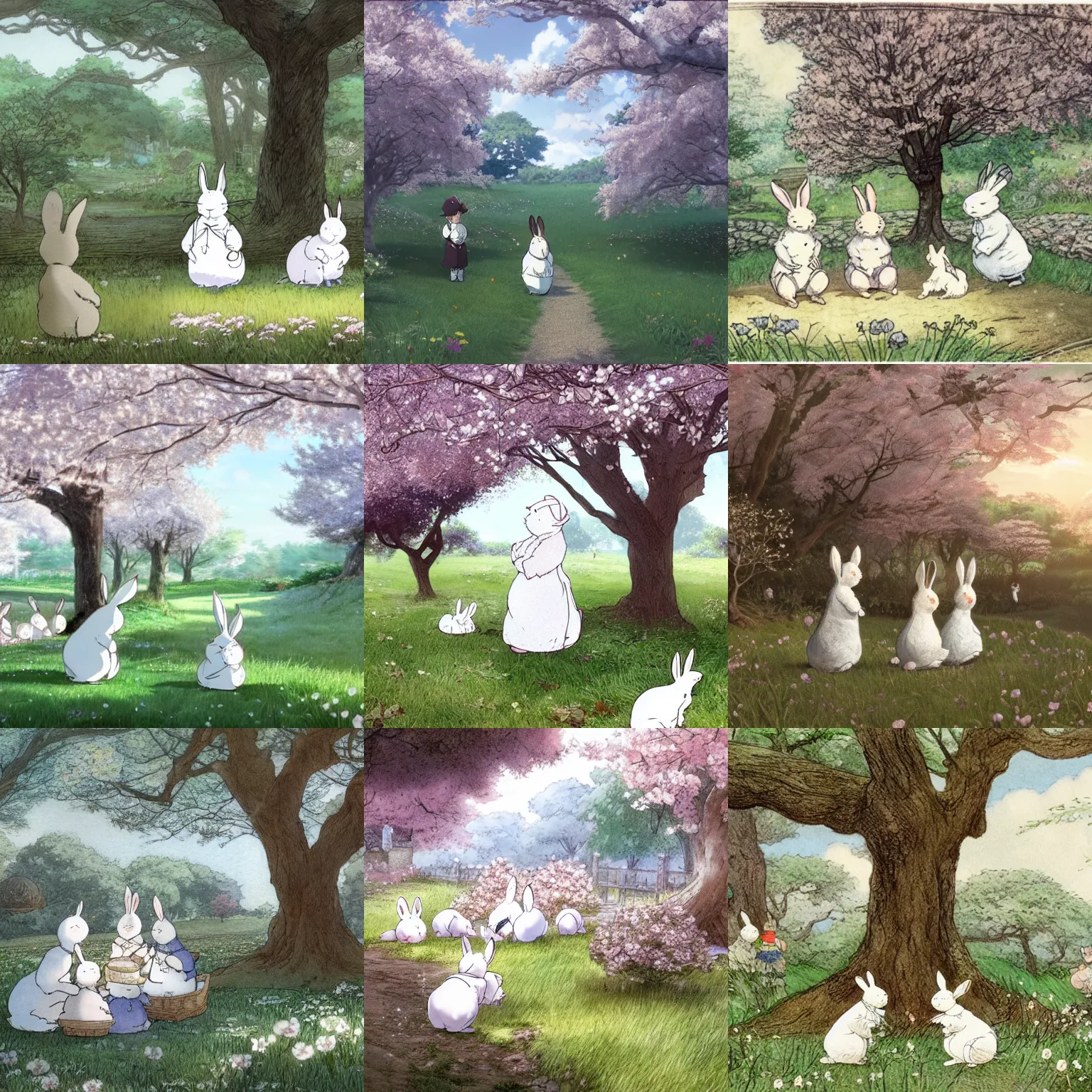 Prompt: A group of white rabbits under the cherry tree by Beatrix potter and Makoto Shinkai