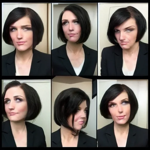 Prompt: brunette woman, black business suit, green eyes, short hair with flipped out hairstyle