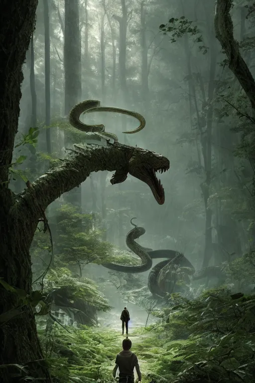 Image similar to A small character standing before a giant snake in a beautiful forest by Greg Rutkowski, Sung Choi, Mitchell Mohrhauser, Maciej Kuciara, Johnson Ting, Maxim Verehin, Peter Konig, final fantasy , 8k photorealistic, cinematic lighting, HD, high details, atmospheric,