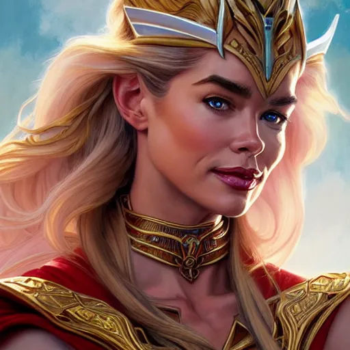 Prompt: Denise Richards as She-Ra, western, D&D, fantasy, intricate, elegant, highly detailed, digital painting, artstation, concept art, matte, sharp focus, illustration, art by Artgerm and Greg Rutkowski and Alphonse Mucha