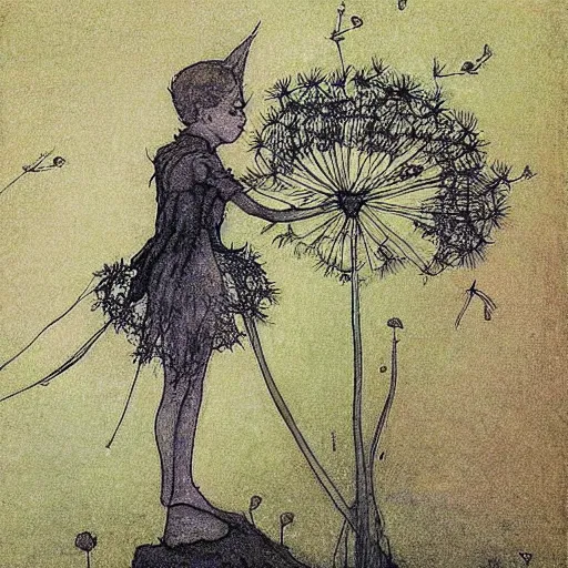 Image similar to a beautiful fairytale painting of a dandelion seed that is also a fairy. the dandelion seed is the body of the fairy. beautiful clear painting by arthur rackham