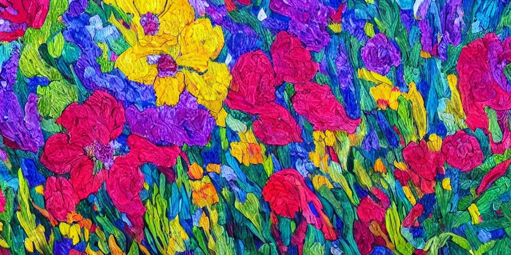 Image similar to flowers landscape, by jenny brozek and adrien cantone, intricate, sharp focus, detailed, lively colors