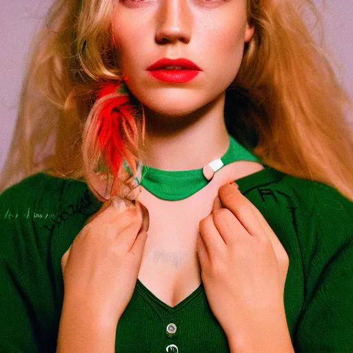 Prompt: Kodak Portra 400, 8K, highly detailed, britt marling style 3/4 photographic Close-up face of a beautiful girl with blond hair ,red and green lighting, Hasselblad X1D-50C, medium format,