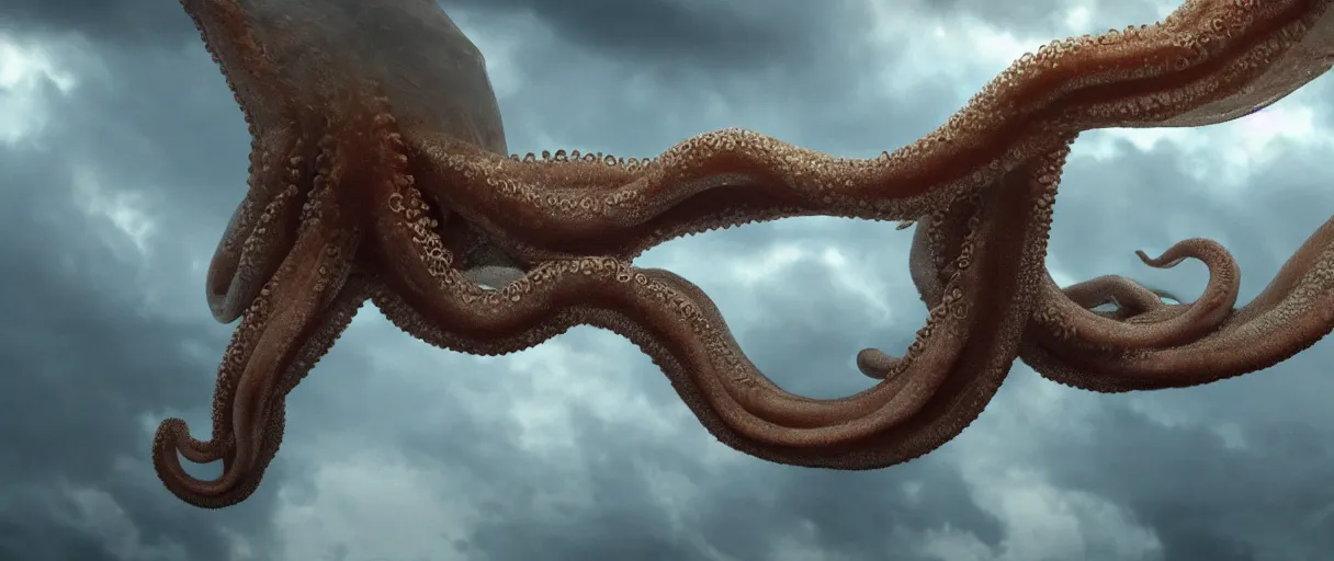 Image similar to a giant octopus tentacl hanging from the clouds over a rain forest, still from the movie the arrival, 8k