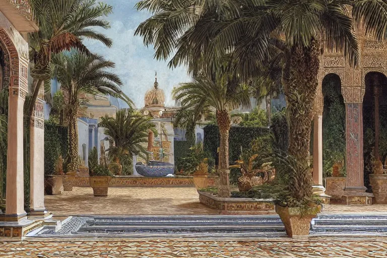 Prompt: painting of a beautiful moorish palace courtyard garden, by ludwig deutsch, patterned tilework, palm trees, tiled fountains, extremely detailed, dramatic lighting, smooth sharp focus