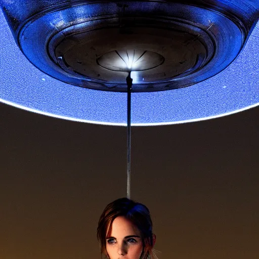 Image similar to emma watson floating in a beam of blue light underneath a silver flying saucer at night,