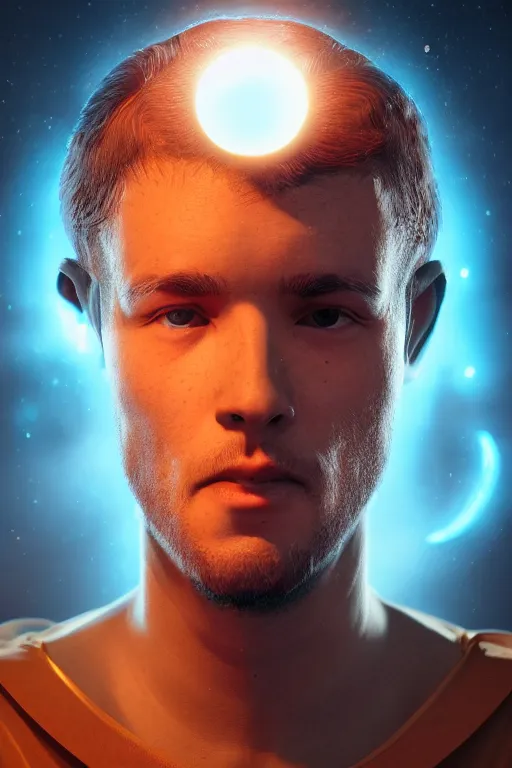 Prompt: A portrait of a man with a solar system around the head, backlight, volumetric lighting, detailed, trending on artstation, 8k, octane render