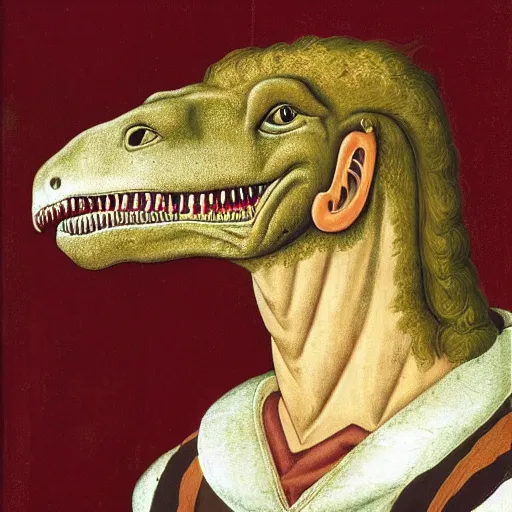 Image similar to portrait of an anthropomorphic tyrannosaurus rex, dressed as an italian noble, sandro bottecelli, 1 5 0 0