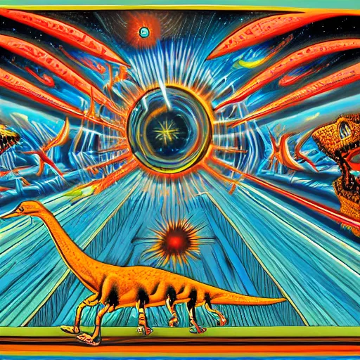 Image similar to painting of the extinction of the dinosaurs with asteroid and fire, in the style of alex grey