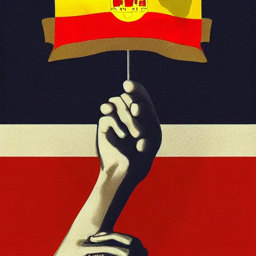 Image similar to a poster with a giant hand holding a spanish flag by jose malhoa, reddit, excessivism, american propaganda, soviet propaganda, poster art