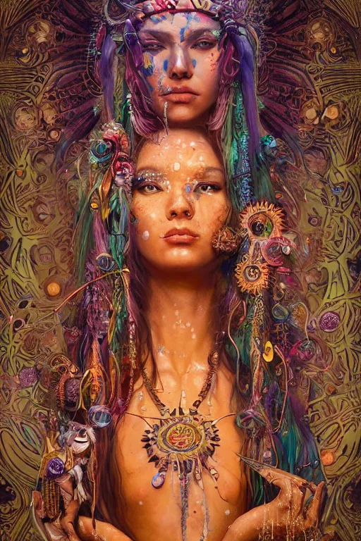 Image similar to a centered full body photo of alluring mystical goddess festival hippies with tribal paintings surrounded by a underwater ink pour and flowing liquid galium and sacred geometry, perfect face, powerful, cinematic, beautifully lit, by artgerm, by karol bak, by viktoria gavrilenko, 3 d, trending on artstation, octane render, 8 k