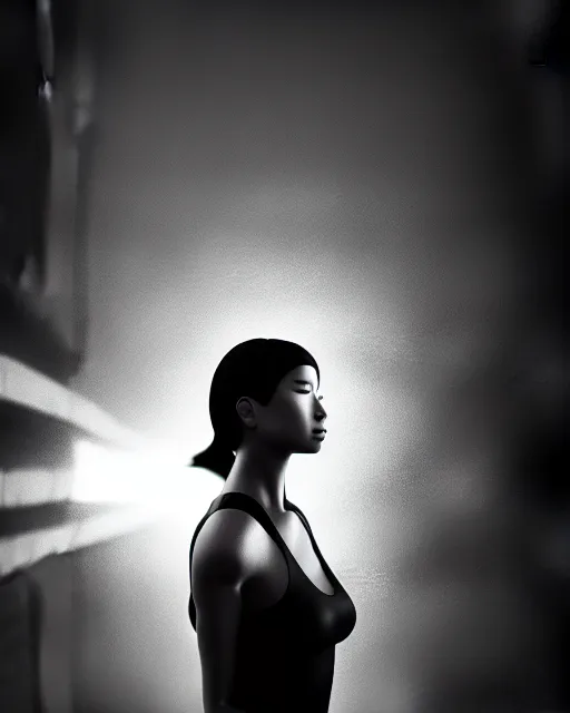 Prompt: black and white high quality photo of a beautiful female AI cyborg looking into a sci-fi mirror, volumetric lighting, liminal space, brutalism, foggy, dreamy, hyperdetailed, bokeh, photorealistic, cinematic, masterpiece, Metropolis, elegant, dark, octane render, 8K,