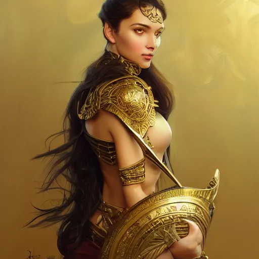 Image similar to an attractive young female wearing an ornate metallic helmet, olive skin, long dark hair, beautiful bone structure, intricate, elegant, highly detailed, digital painting, artstation, concept art, smooth, sharp focus, illustration, art by artgerm and greg rutkowski and alphonse mucha