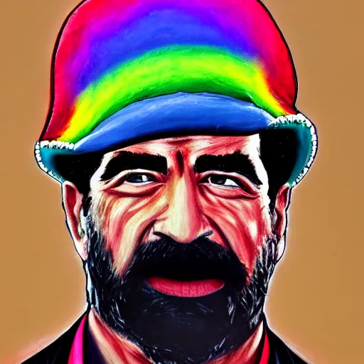 Image similar to rainbow portrait of saddam hussein wearing a pink puffy jacket and a black bucket hat, 8 k, very detailed, very intricate,