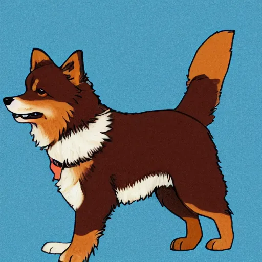 Image similar to detailed drawing of an excited brown and tan domino finnish lapphund, studio ghibli art style