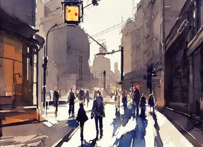 Image similar to concept art of street england city, pinterest, artstation trending, behance, watercolor, by coby whitmore, silver, laser light,