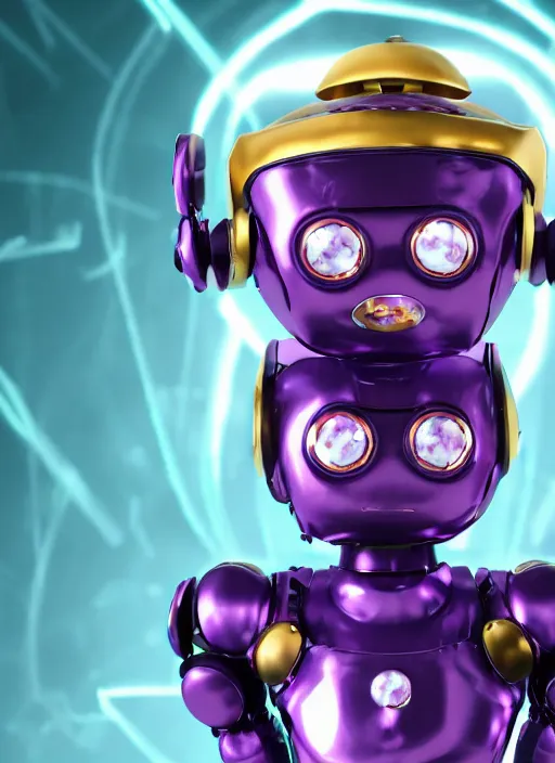 Image similar to apocalyptic scene, a cute humanoid robot holds a trophy over his head with purple and teal lightning in the background