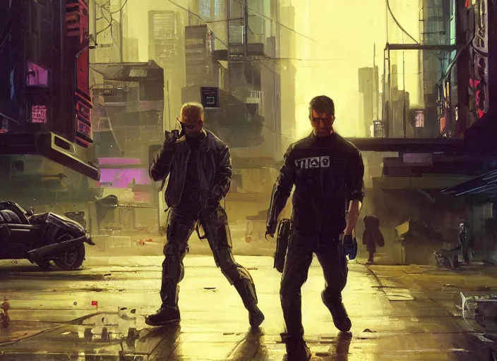 Prompt: ezra evades sgt griggs. cyberpunk hacker escaping menacing cops ( blade runner 2 0 4 9, dystopian, cyberpunk 2 0 7 7 character design ). epic painting by james gurney and laurie greasley, oil on canvas. cinematic, hyper realism, realistic proportions, anatomy, dramatic lighting, high detail 4 k