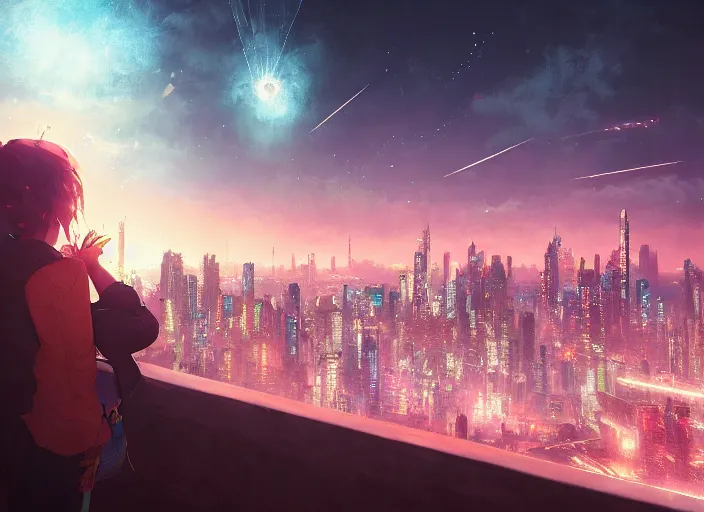 Image similar to girl staring at a meteorite hitting a floating cyberpunk city at night by wlop, key visual, high detail, digital art