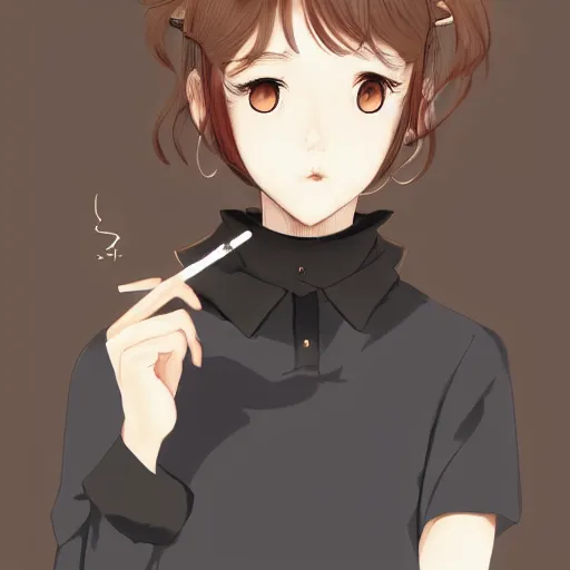 Image similar to portrait of a girl with short brown hair, wearing a white blouse and black choker, smoking a cigarette, drawn by WLOP, by Avetetsuya Studios, attractive character, colored sketch anime manga panel, unsaturated, dull colors, trending on Artstation