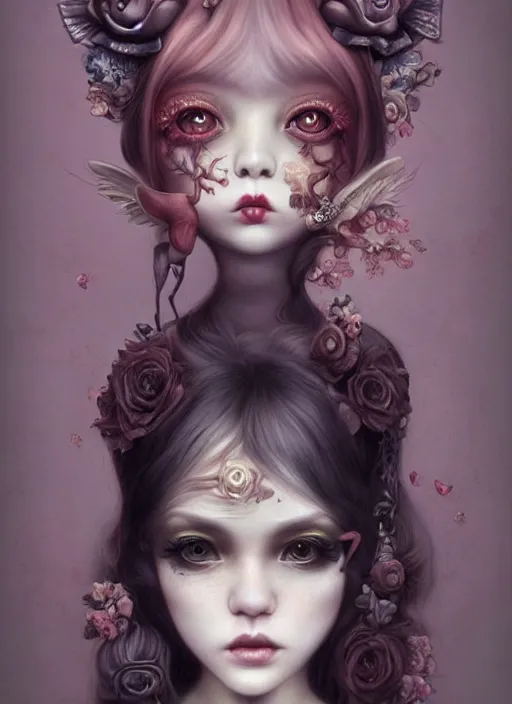 Image similar to pop surrealism, lowbrow art, realistic cute girl painting, japanese street fashion, hyper realism, muted colours, rococo, natalie shau, loreta lux, tom bagshaw, mark ryden, trevor brown style,