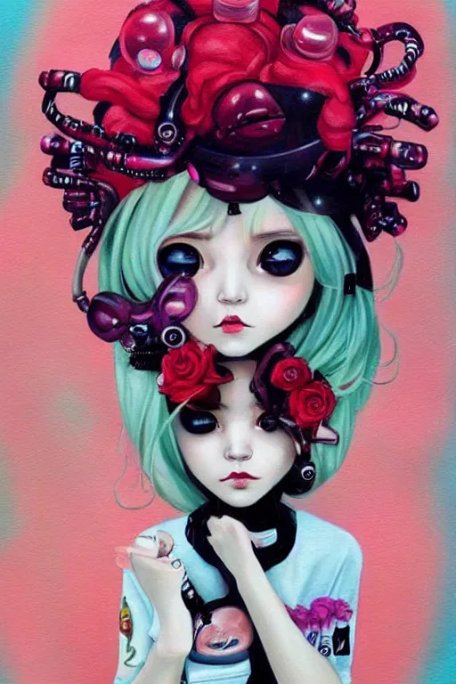 Prompt: pop surrealism, lowbrow cute girl painting, hyper realism, robotic girl, japanese street fashion