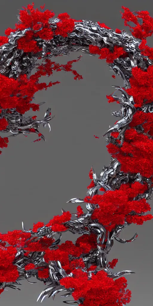 Image similar to 3 d photographic render of an ancient gate sculpture with red sakura flowers made of chrome, chrometype, made of liquid metal, neotribal with metallic thorns and thunders, raytracing, hyper realistic, volumetric lightning, 8 k, by zhelong xu and ouchh studio