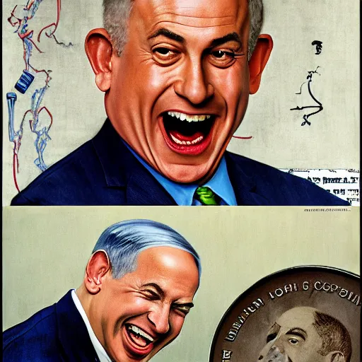 Image similar to benjamin netanyahu laughing hysterically at computer screen, by norman rockwell and michael cheval