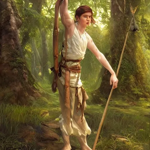 Prompt: a young archer who lives in a village built in giant tall trees, diffuse lighting, fantasy, intricate, elegant, highly detailed, lifelike, photorealistic, digital painting, artstation, illustration, concept art, smooth, sharp focus, art by john collier and albert aublet and krenz cushart and artem demura and alphonse mucha