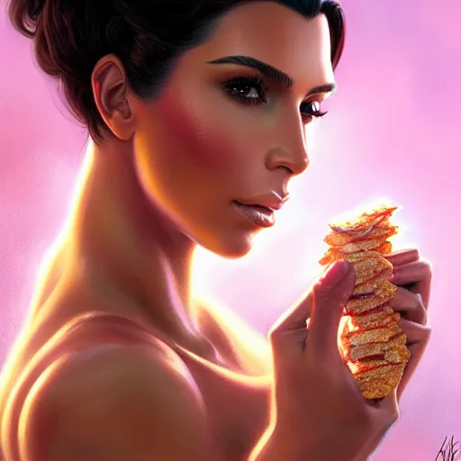 Prompt: Kim Kardashian eating spam, closeup, D&D, fantasy, intricate, elegant, highly detailed, digital painting, artstation, concept art, matte, sharp focus, illustration, art by Artgerm and Greg Rutkowski and Alphonse Mucha